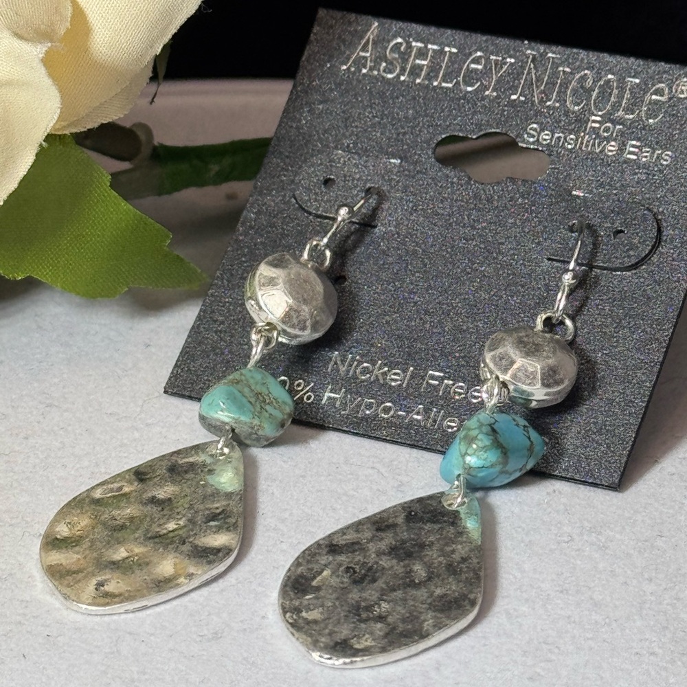 Ashley Nicole Silver and Turquoise Dangle Hook Earrings 2.75inch